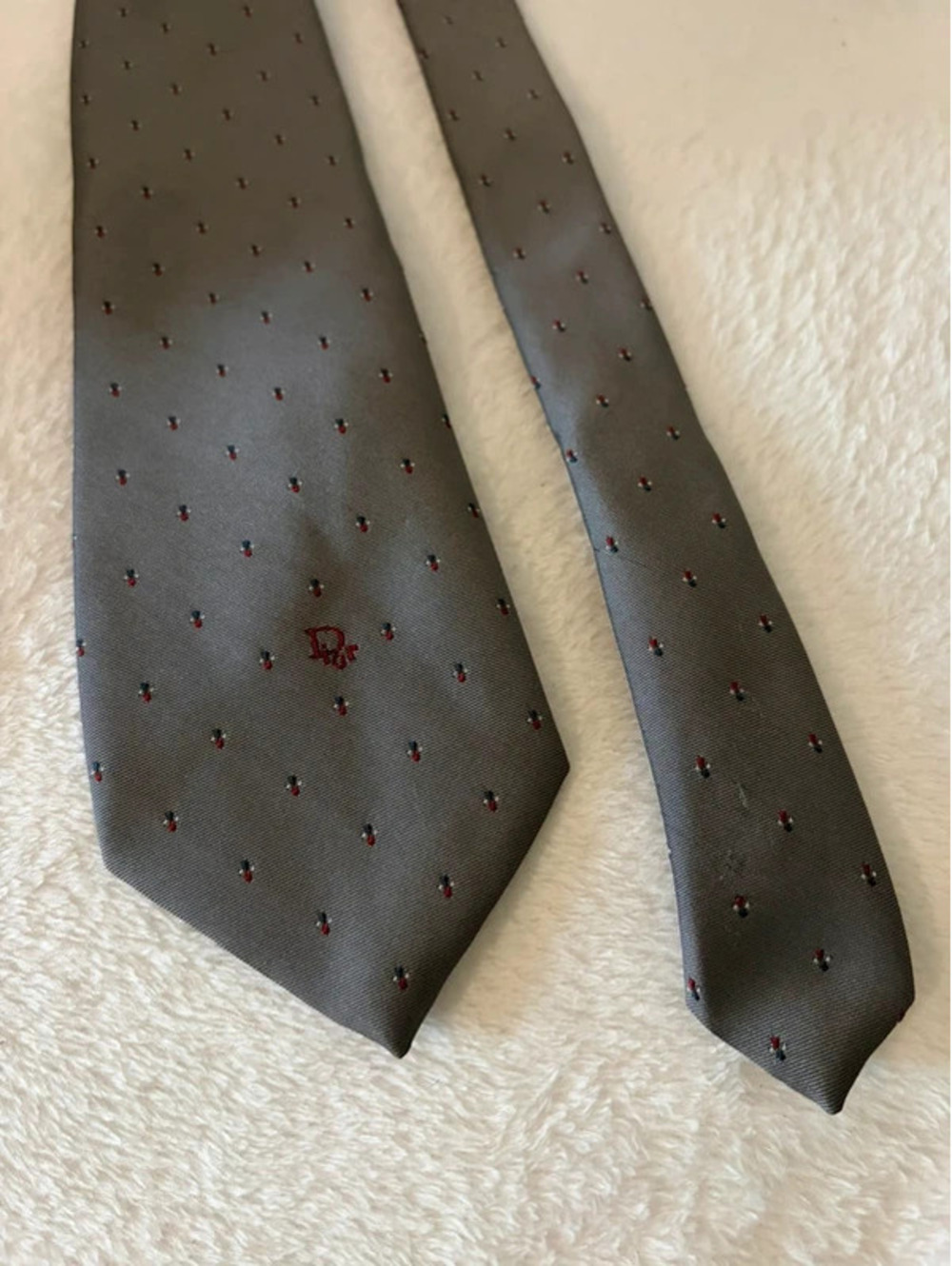 Christian Dior Monsieur Tie Gray Burgundy Bee Pattern Dior Logo Silk Blend VTG